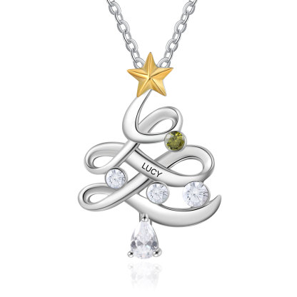Personalisierter 1 Name Weihnachtsbaum  Halskette mit Geburtsstein 