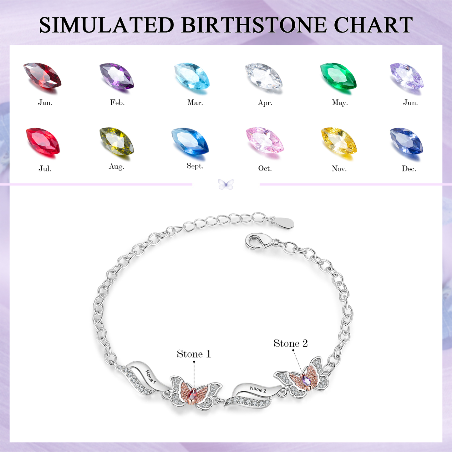 Personalisierte 2 Namen & 2 Geburtssteine Schmetterling Armband mit Zirkonia