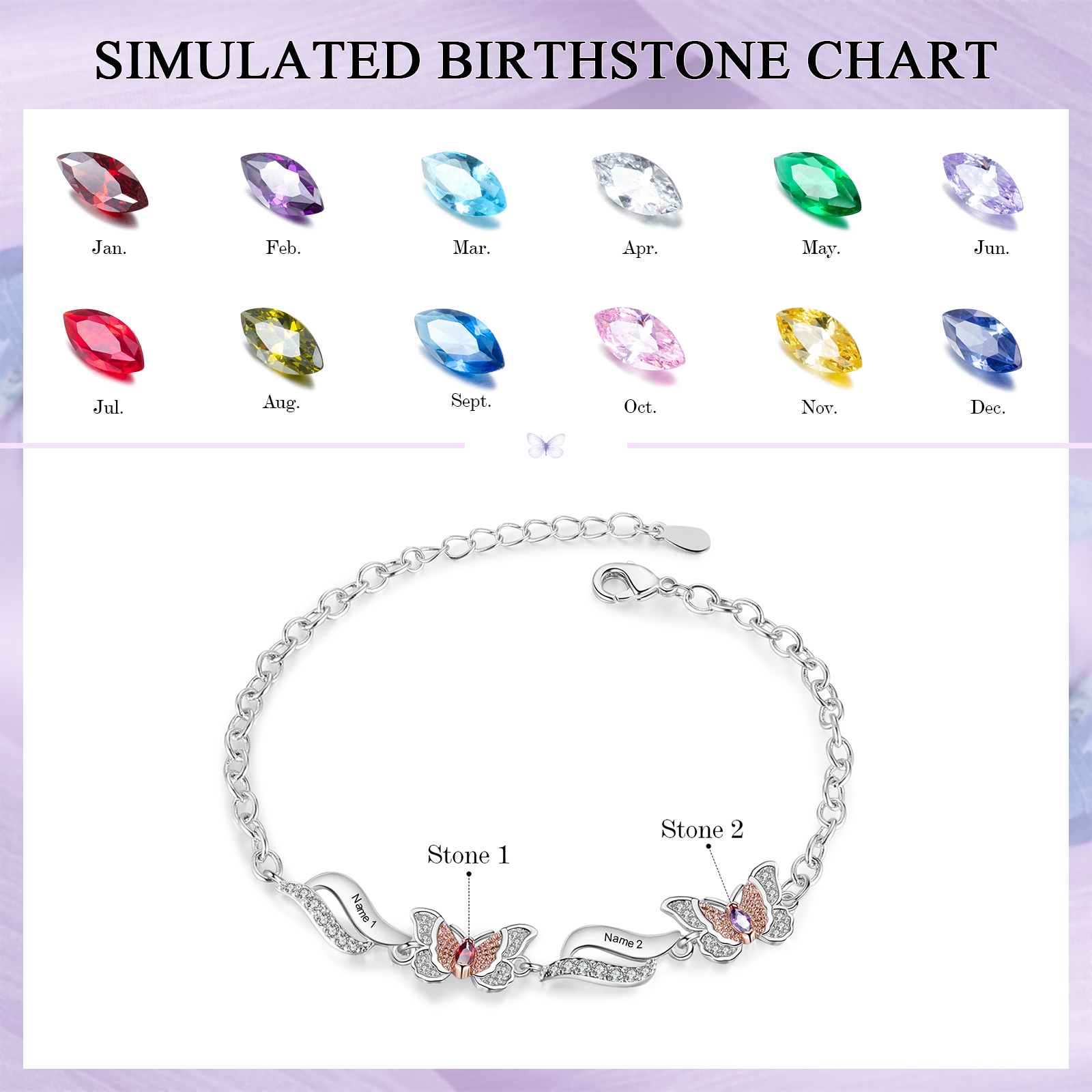 Personalisierte 2 Namen & 2 Geburtssteine Schmetterling Armband mit Zirkonia