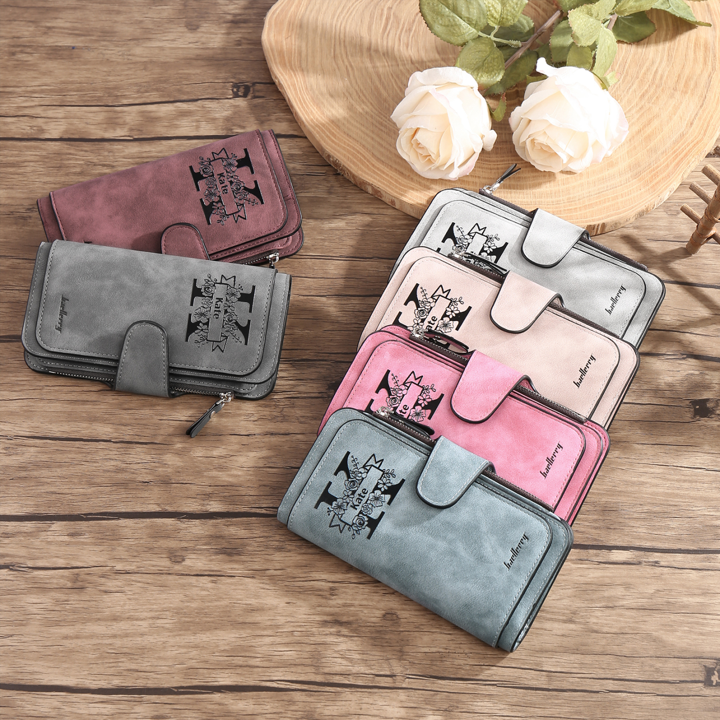 Damen Personalisierter Name & Buchstabe & Foto & Text PU Leder Geldbörse Langes Portemonnaie mit Reißverschluss