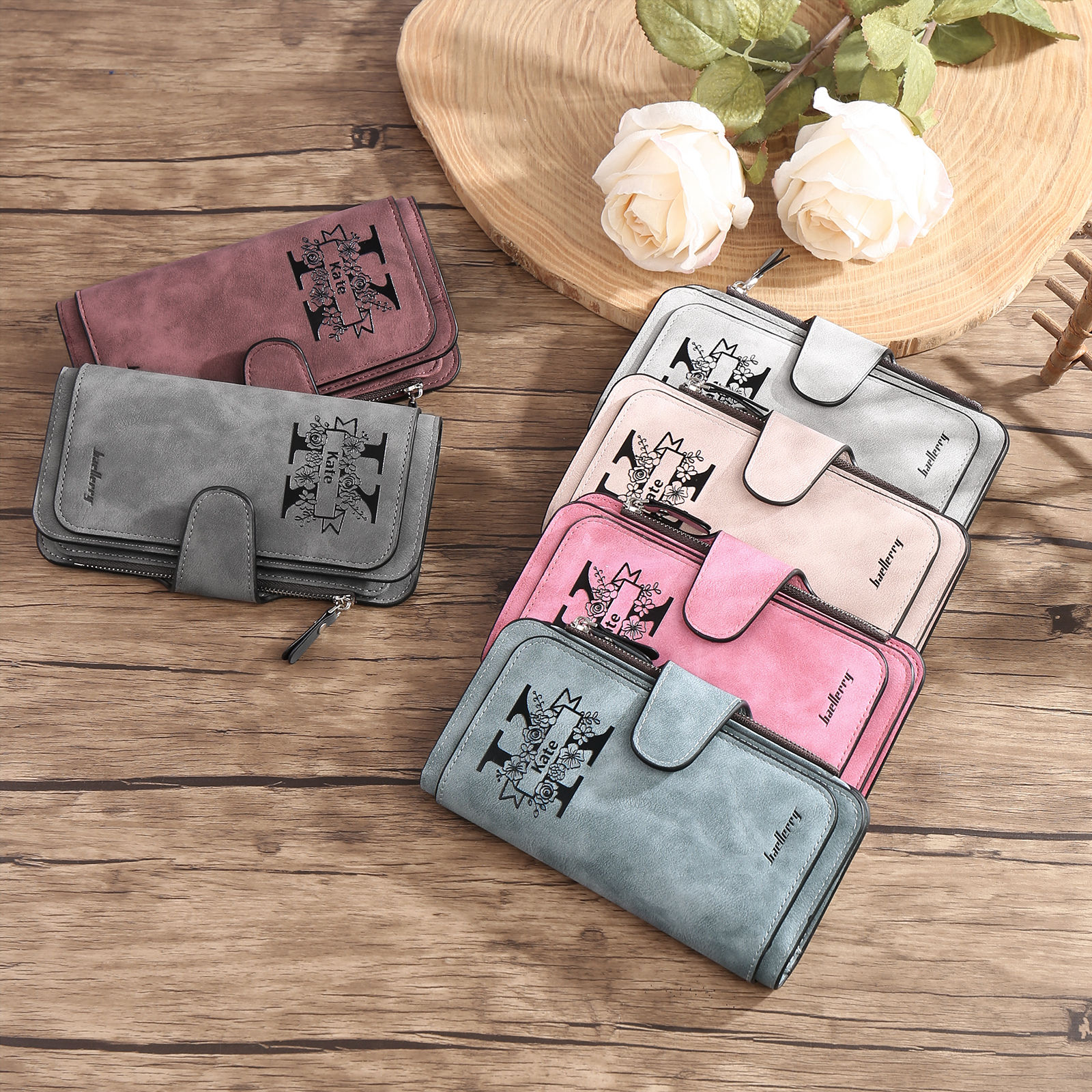 Damen Personalisierter Name & Buchstabe & Foto & Text PU Leder Geldbörse Langes Portemonnaie mit Reißverschluss