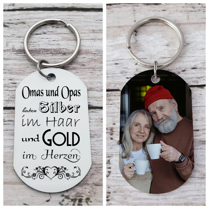 Personalisierbares Foto Schlüsselanhänger-Oma und Opa haben Silber im Haar und Gold im Herzen-Geschenk für Großmutter und Großvater