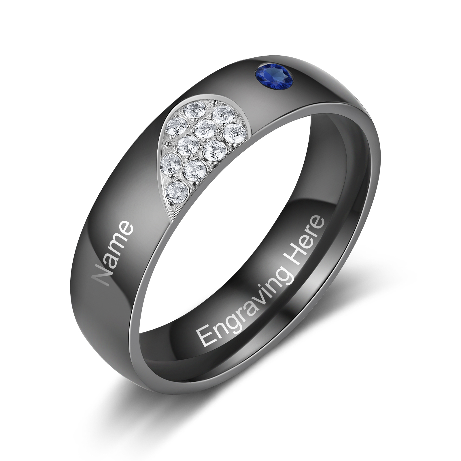 Gravur Name & Text Herz Herren Ring mit 1 Geburtsstein - Paarringe