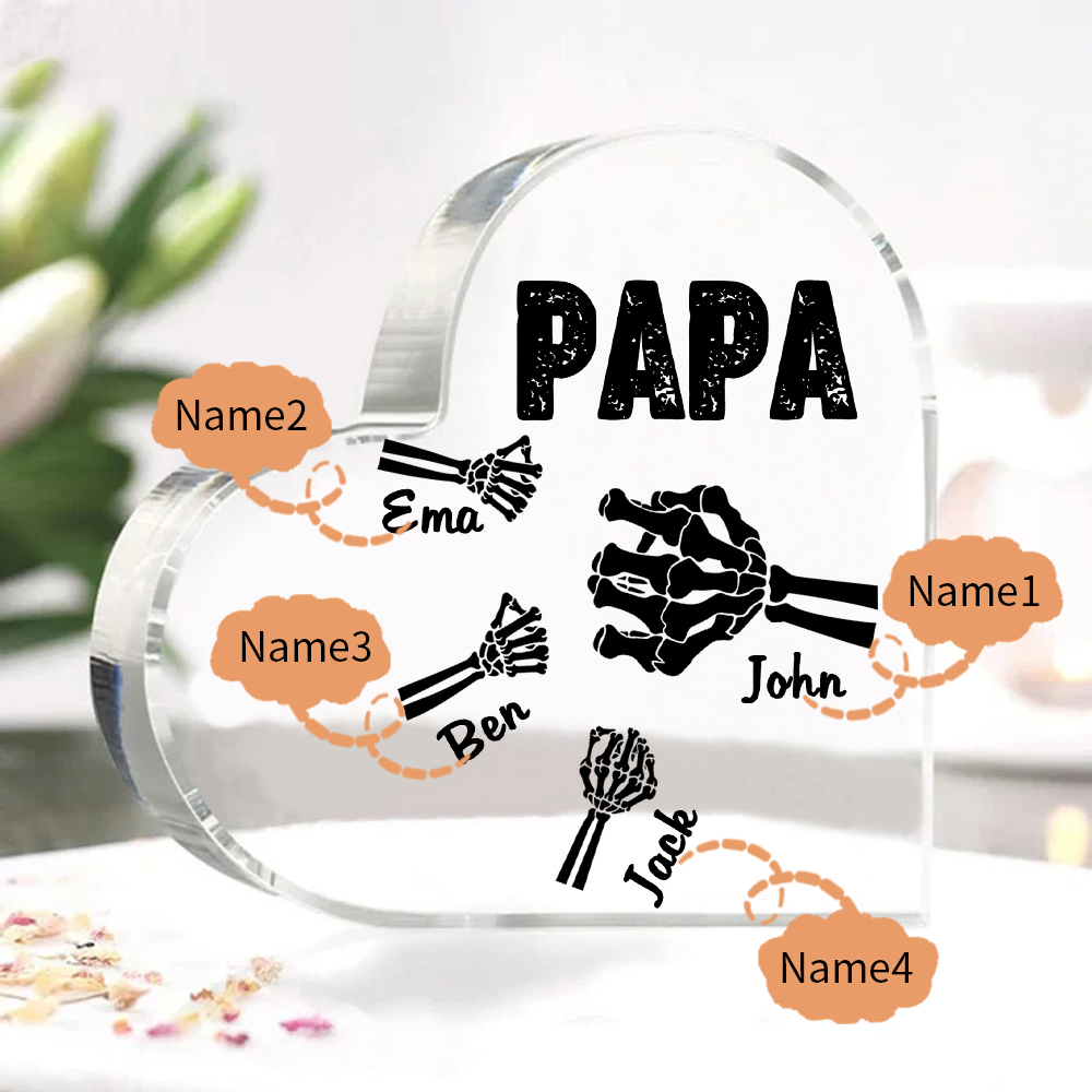 Personalisierte 4 Namen Acryl-Deko Papa Skelett Hand Schreibtischdekoration für Vater