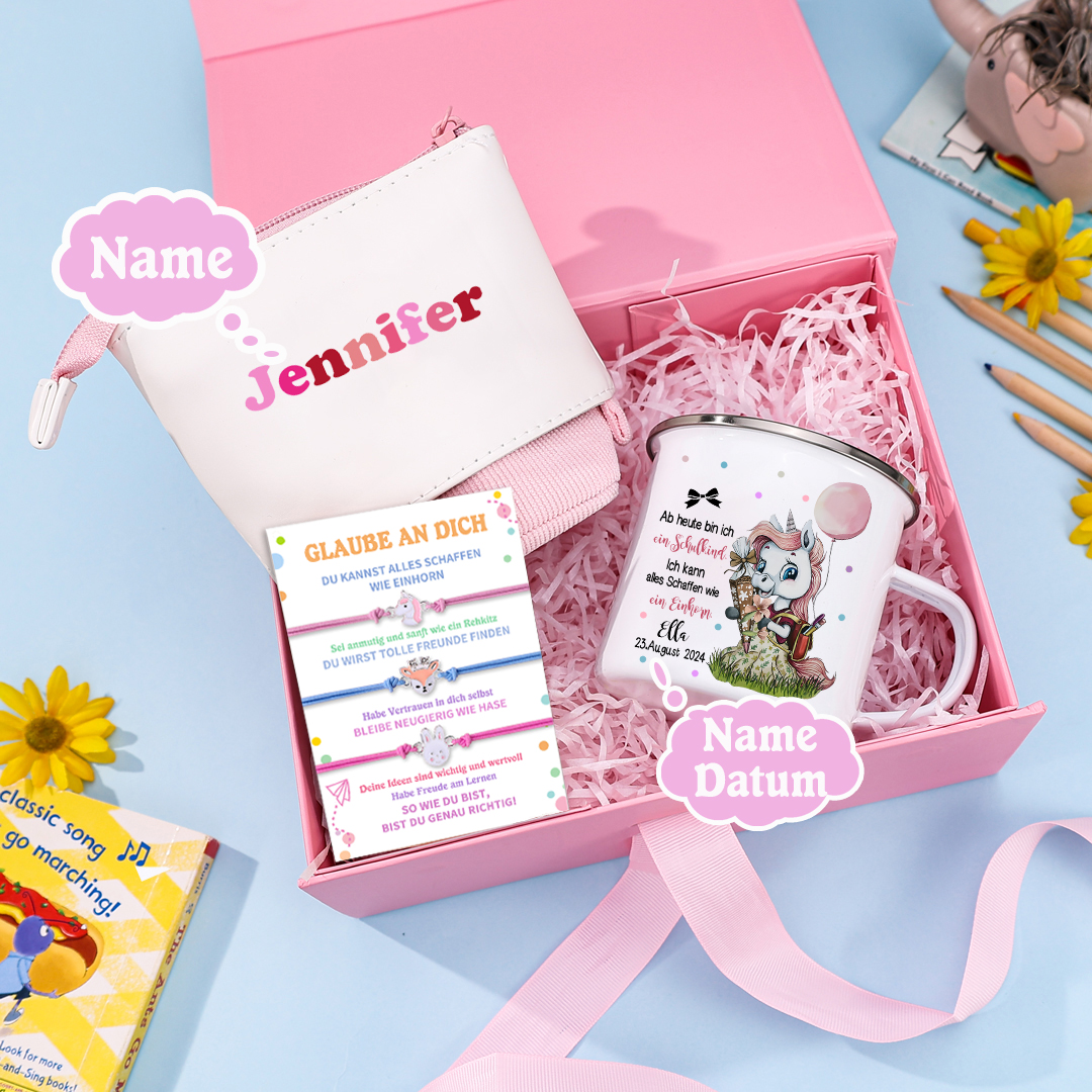 Schulanfang Geschenkset-Personalisierter Name & Datum Einhorn Emaille Tasse & Personalisierter Name Stifteetui & 3 Gummiband Armbänder Set - Geschenk für Schulkind mit Geschenk Box