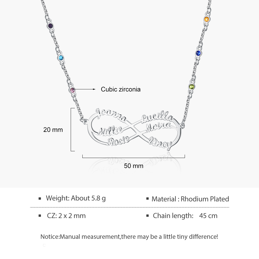 Benutzerdefinierte Unendlichkeit Infinity Halskette mit 6 Geburtssteinen und  6 Namen