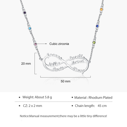 Benutzerdefinierte Unendlichkeit Infinity Halskette mit 6 Geburtssteinen und  6 Namen