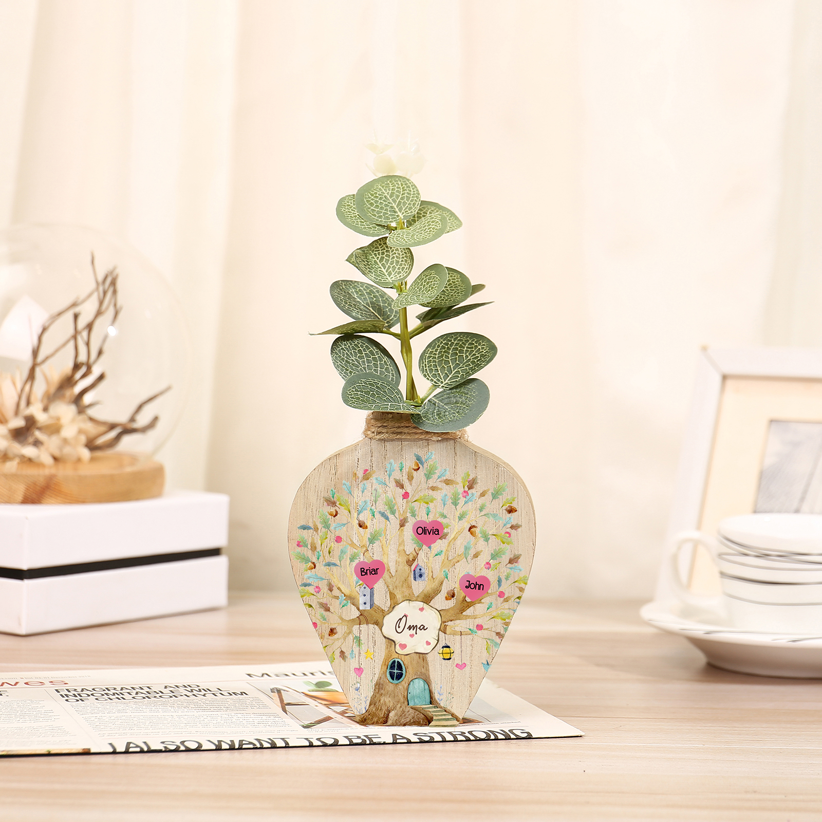 Holz Personalisierter 3 Namen & Text Famile Baumhaus Vase
