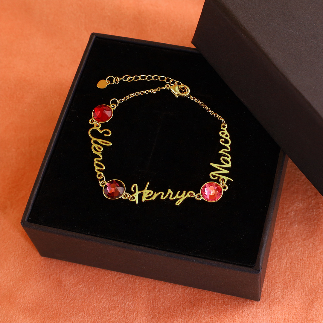 Personalisierte 3 Namen Armband mit 3 Geburtssteinen