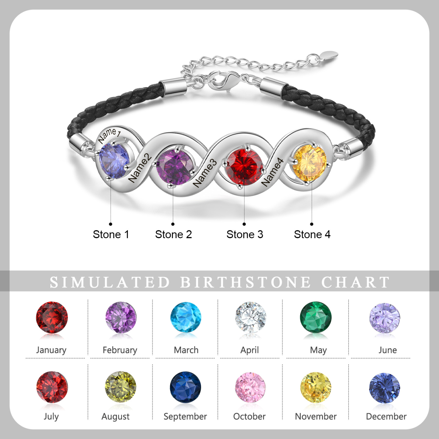 Personalisierte 4 Namen & 4 Geburtssteine Infinity Handseil Armband