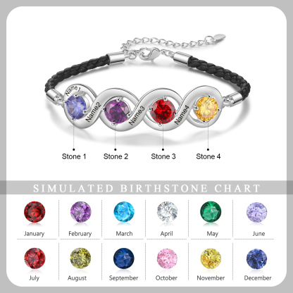 Personalisierte 4 Namen & 4 Geburtssteine Infinity Handseil Armband