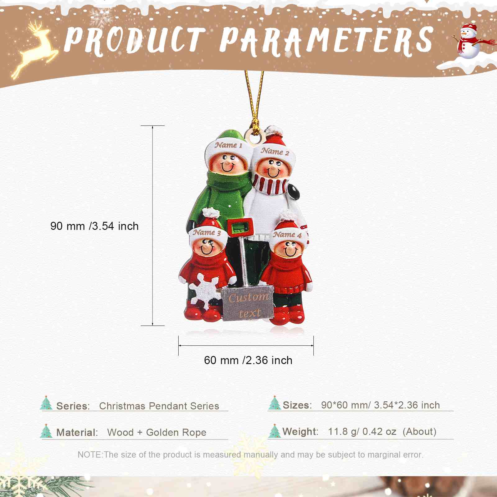 Holz Personalisierte 4 Namen & Jahr Schneeschaufelteam Weihnachtsornament Weihnachtsbaum Anhänger mit 4 Familienmitgliedern
