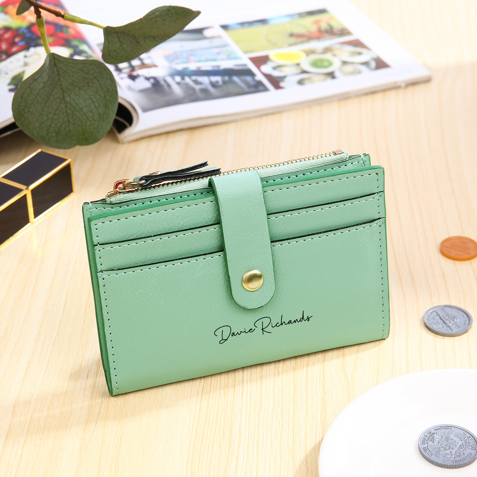 Damen Personalisierter Text & Name & Geburtsblume PU Leder Geldbörse