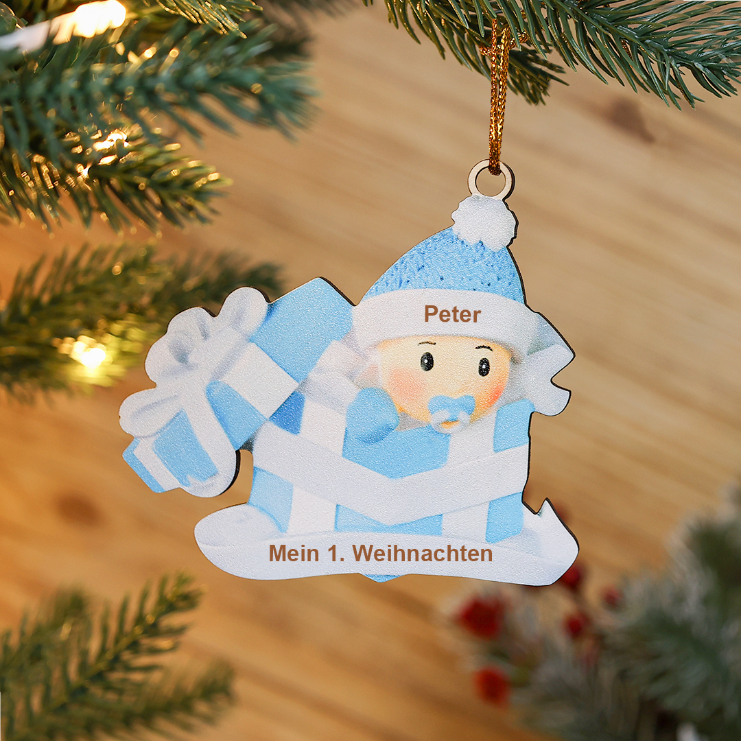 Holz Personalisierter 1 Name & Text Baby in Geschenkbox Weihnachtsornament Weihnachtsbaum Anhänger