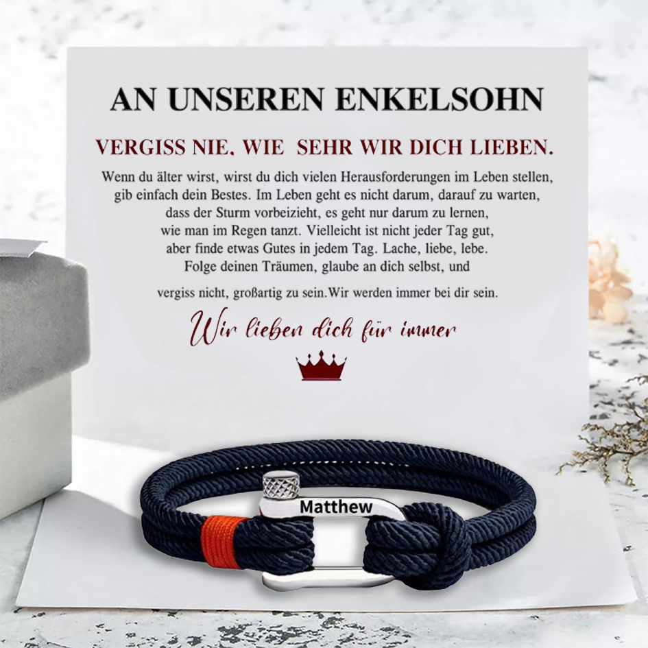 Herren Personalisierter 1 Name Edelstahl Hufeisenschnalle Handseil Armband-An unseren Enkelsohn-Geschenk mit Nachrichtenkarte