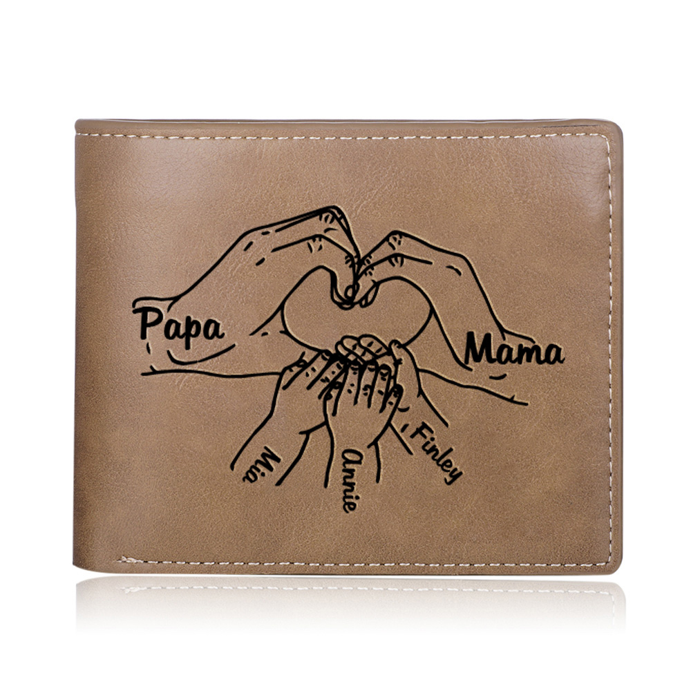 Personalisiertes Foto & 5 Namen Herz Hand Familie Leder Herren Geldbörse
