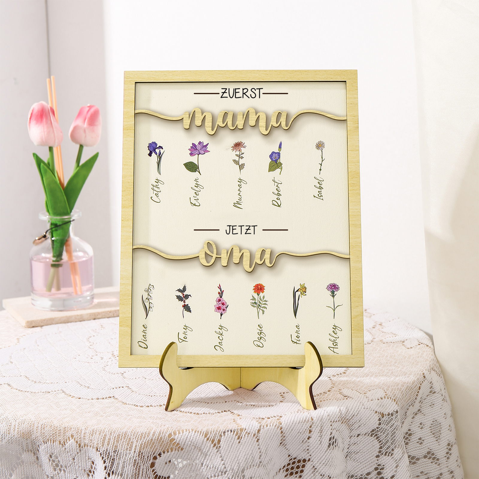 Holz Deko-Personalisierbare 11 Namen & Geburtsblume Ornament Zuerst Mama Jetzt Oma Holzdekoration für Mutter/Großmutter