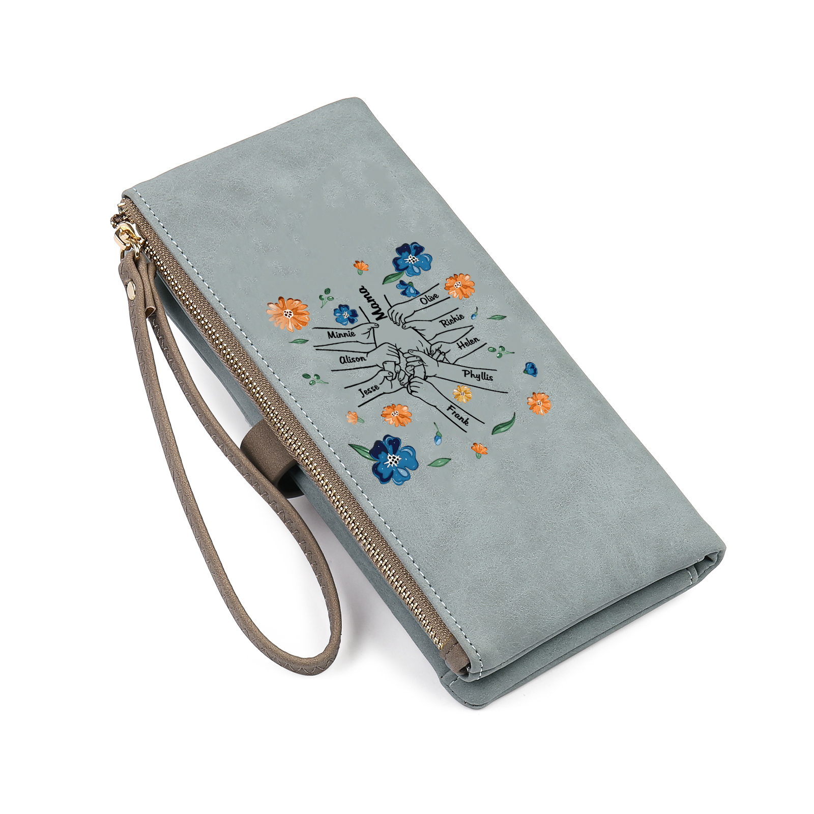 Damen Personalisierte 9 Namen PU Hand in Hand Blume Leder Geldbörse Langes Portemonnaie mit Reißverschluss