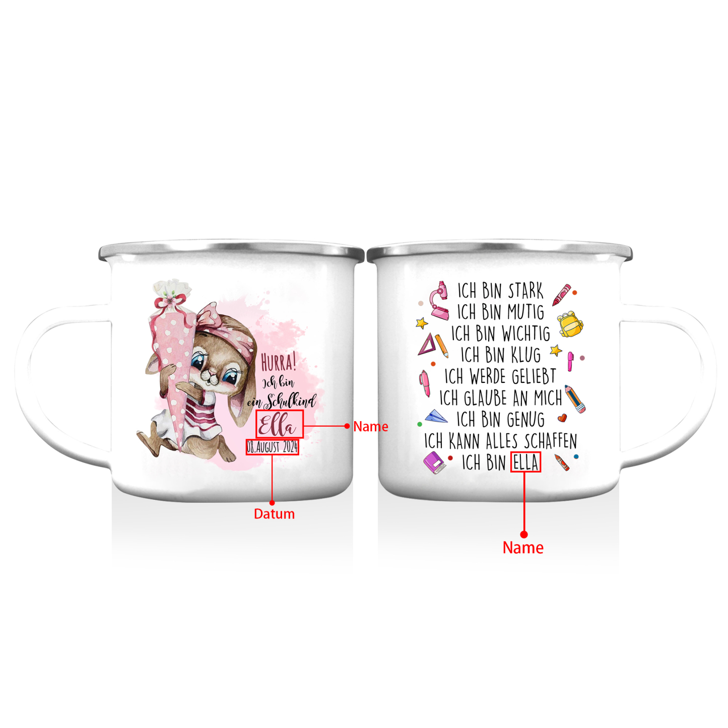 Schulanfang Geschenkset-Personalisierter Name & Datum Hase Emaille Tasse & Personalisierter Name Stifteetui & 3 Gummiband Armbänder Set - Geschenk für Schulkind mit Geschenk Box