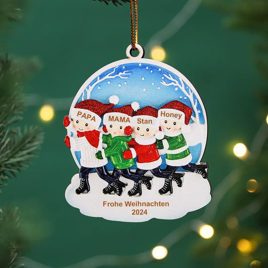 Holz Personalisierte 4 Namen & Text & Jahr Eislaufen Rund Weihnachtsornament Weihnachtsbaum Anhänger