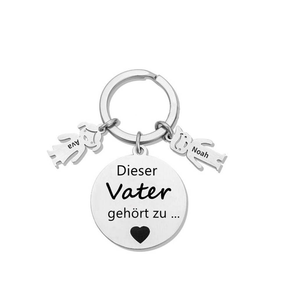Gravur 2 Namen & Wunschtext Familie Schlüsselanhänger - Dieser Vater ( oder Mutter, Opa, Oma, usw. ) Gehört zu ...