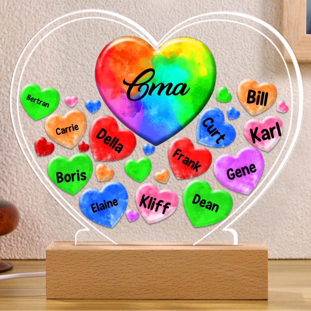 Personalisierte 1-14 Namen & Text Bunt Herz Nachtlicht Geschenk für Großmutter/Mutter zum Muttertag