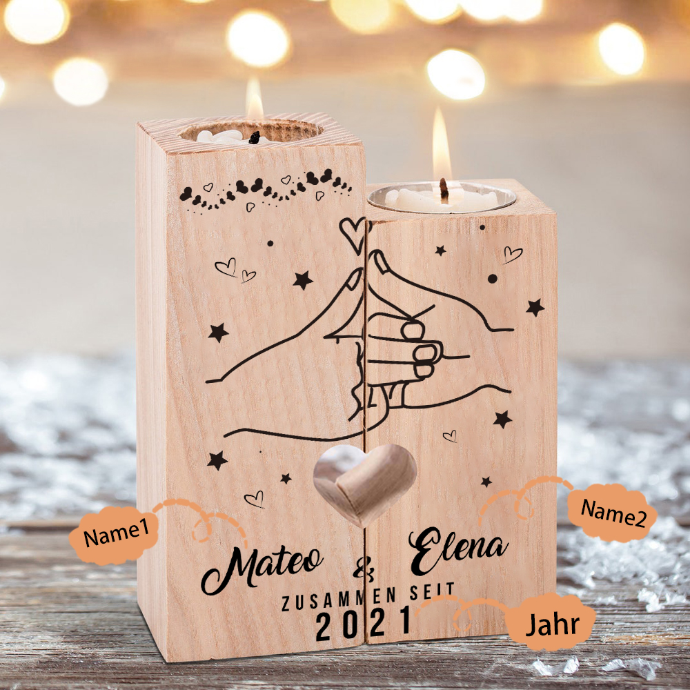 Personalisierte 2 Namen & Jahr Kerzenhalter - Hölzerne Kerzenständer Hochzeitstag Valentinstag Geschenke