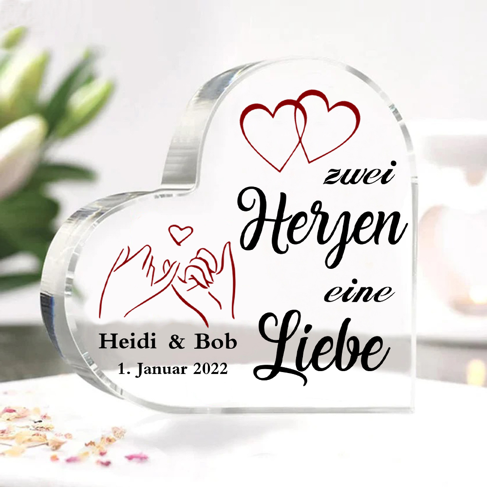 Personalisierte Text & Datum Acryl-Deko-Zwei Herzen eine Liebe-Schreibtischdekoration für Paar