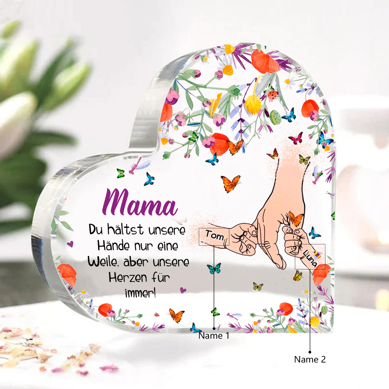 Personalisierte 2 Namen Herz Acryl-Deko -Mama Du hältst mein Hand nur eine Weile, aber unsere Herzen für immer- Schreibtischdekoration für Mutter