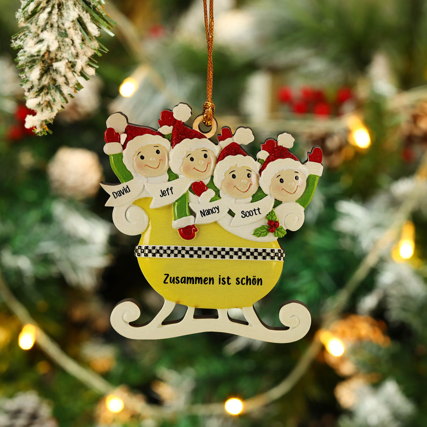 Holz Personalisierte 4 Namen & Text Familie Schlitten Weihnachtsornament Weihnachtsbaum Anhänger