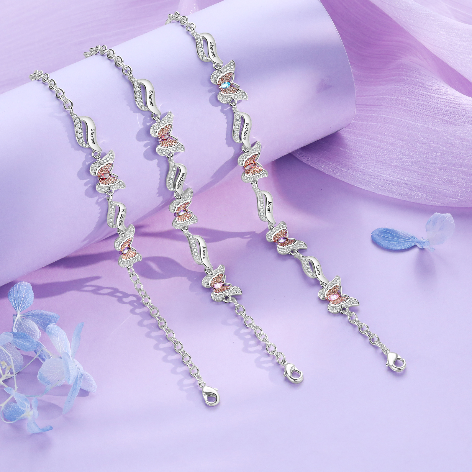 Personalisierte 4 Namen & 4 Geburtssteine Schmetterling Armband mit Zirkonia