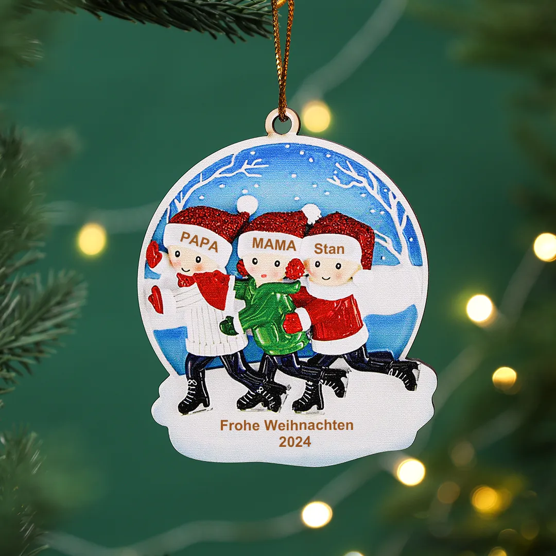 Holz Personalisierte 3 Namen & Text Eislaufen Rund Weihnachtsornament Weihnachtsbaum Anhänger