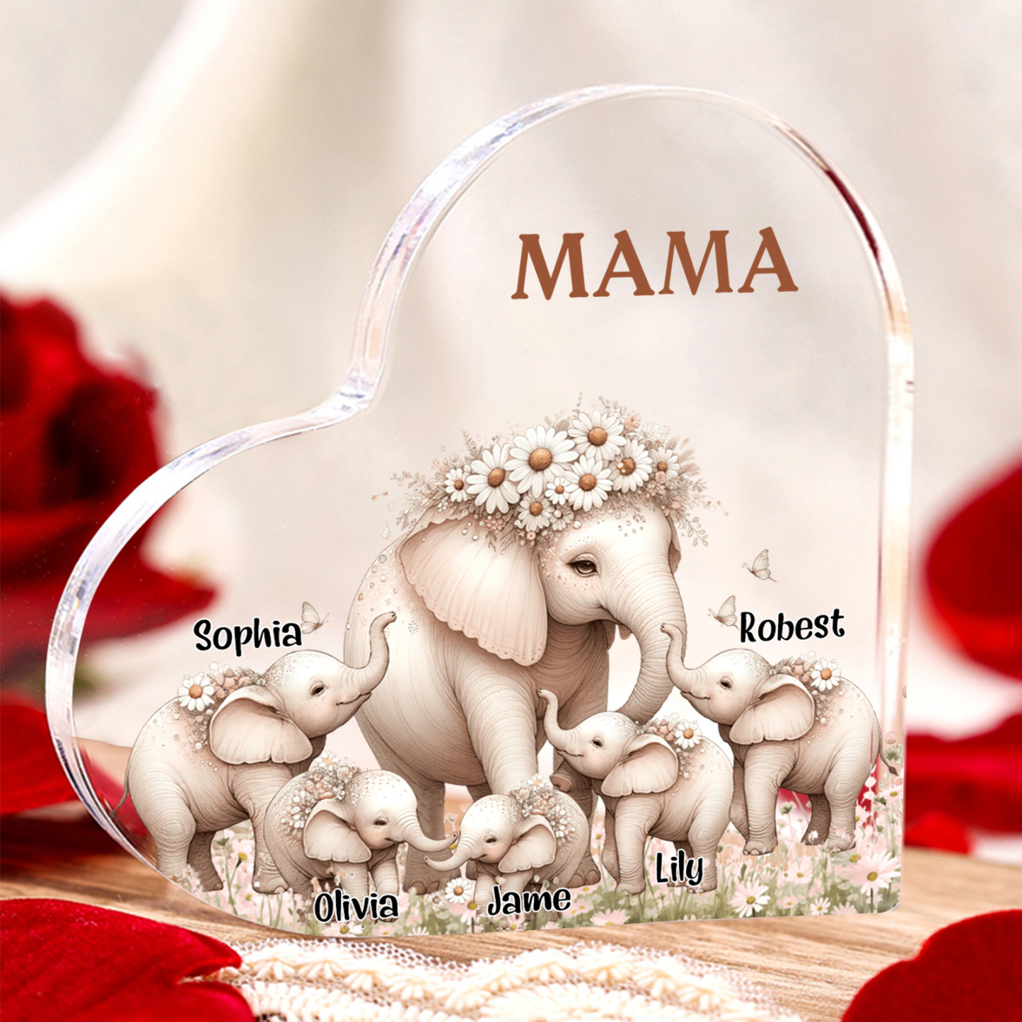 Personalisierte 5 Namen Herz Acryl-Deko Mama Elefant Schreibtischdekoration für Mutter