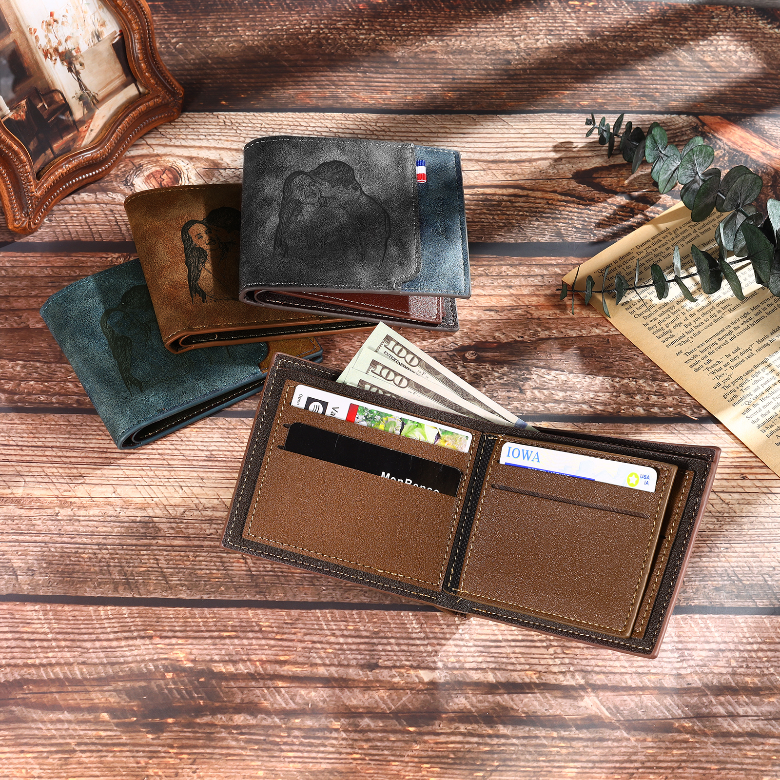 Personalisierte Foto & Name & 1 Buchstabe PU Leder Geldbörse