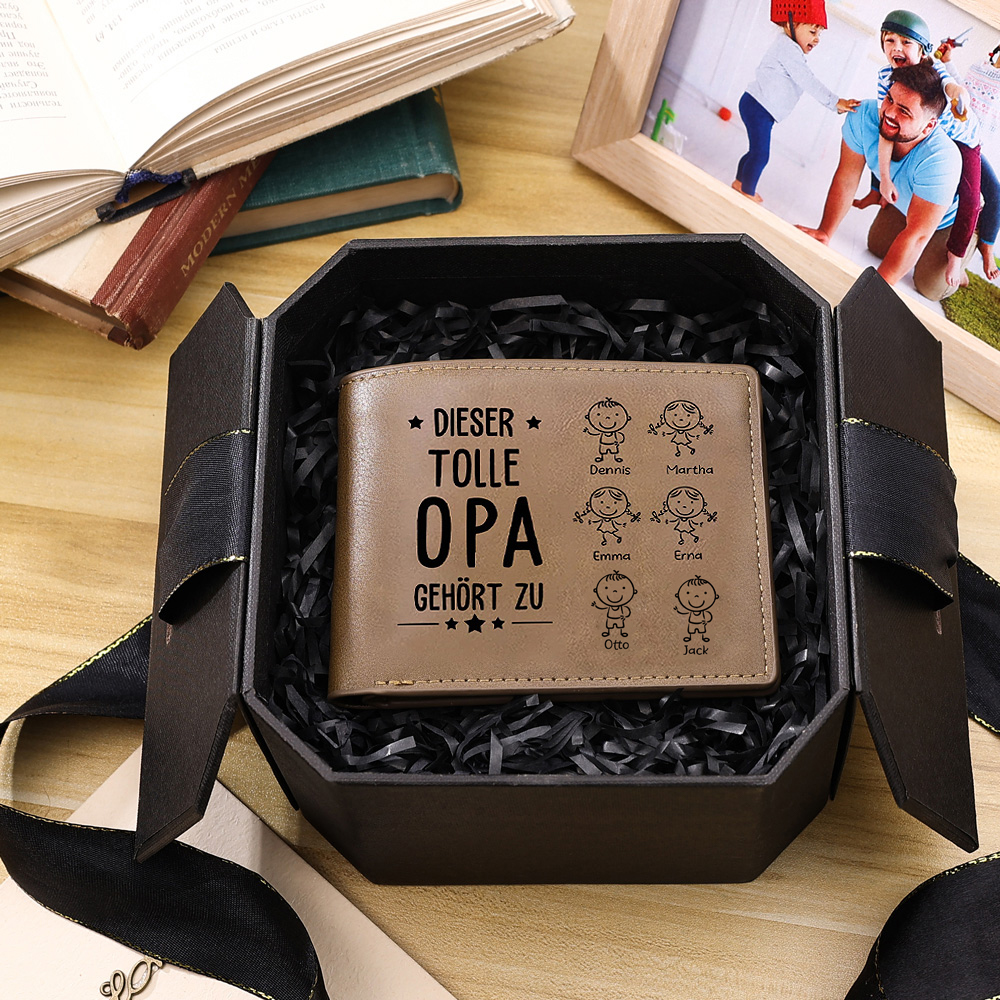 Personalisierte 6 Namen & Foto-Dieser tolle Opa gehört zu-PU Leder Kurze Geldbörse für Großvater