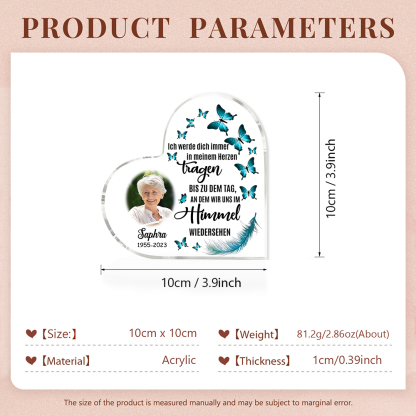 Personalisierter Name & Jahr & Foto Acryl-Deko-Ich werde dich immer in meinem Herzen tragen-Trauer Schreibtischdekoration