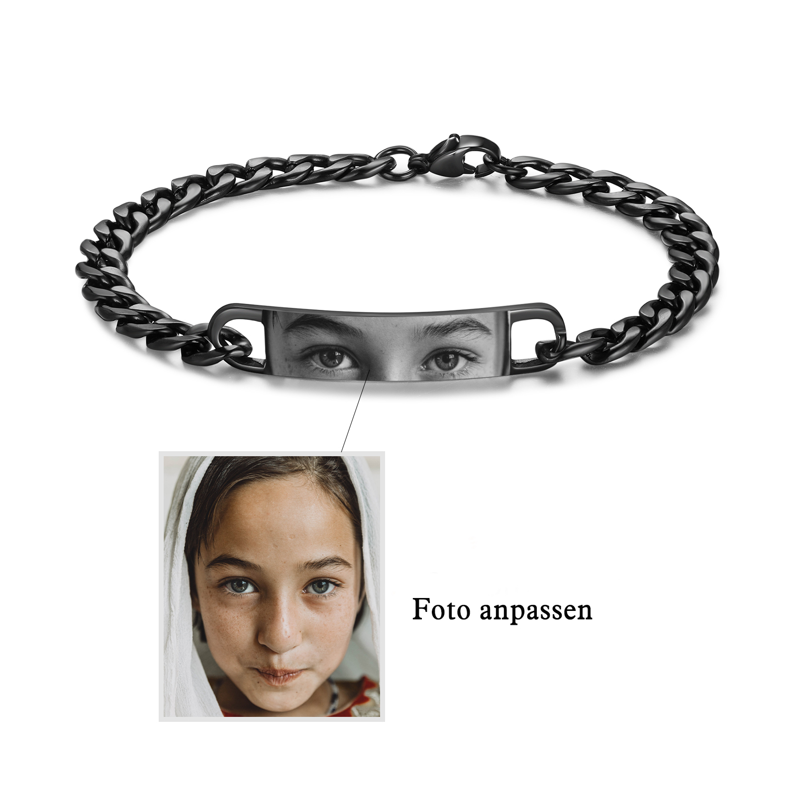 Personalisiertes Foto Edelstahl Schwarz Armband mit kubanische Kette