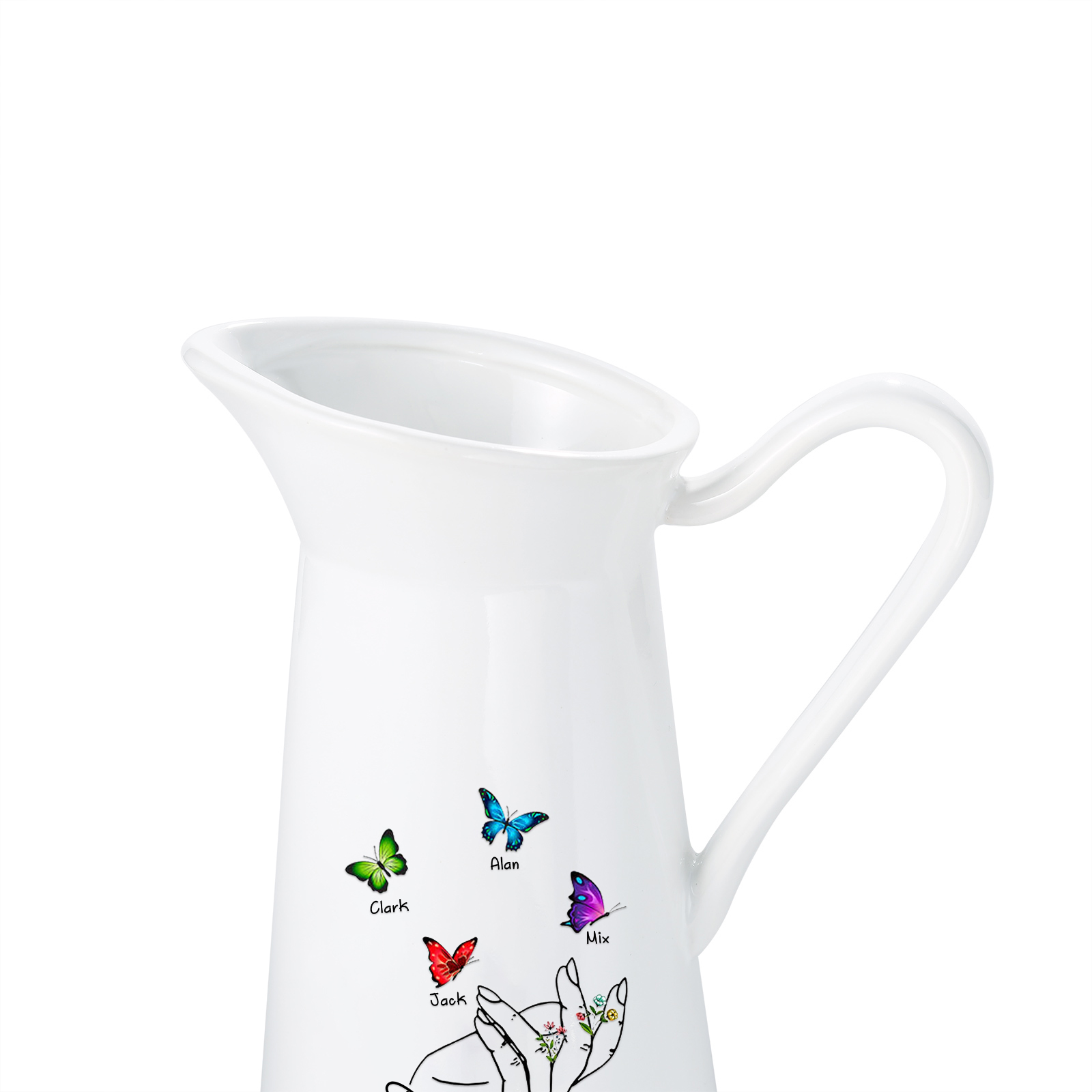Personalisierte 4 Namen & Text Schmetterling in der Hand Gießvase mit Henkel Familie Vase