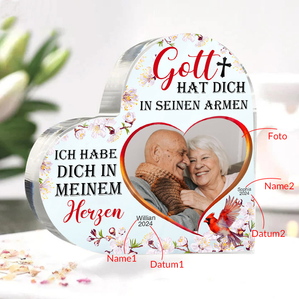 Personalisiertes Foto & 2 Namen & Datum Acryl-Deko-Ich habe dich in meinem Herzen Herzen-Trauer Schreibtischdekoration