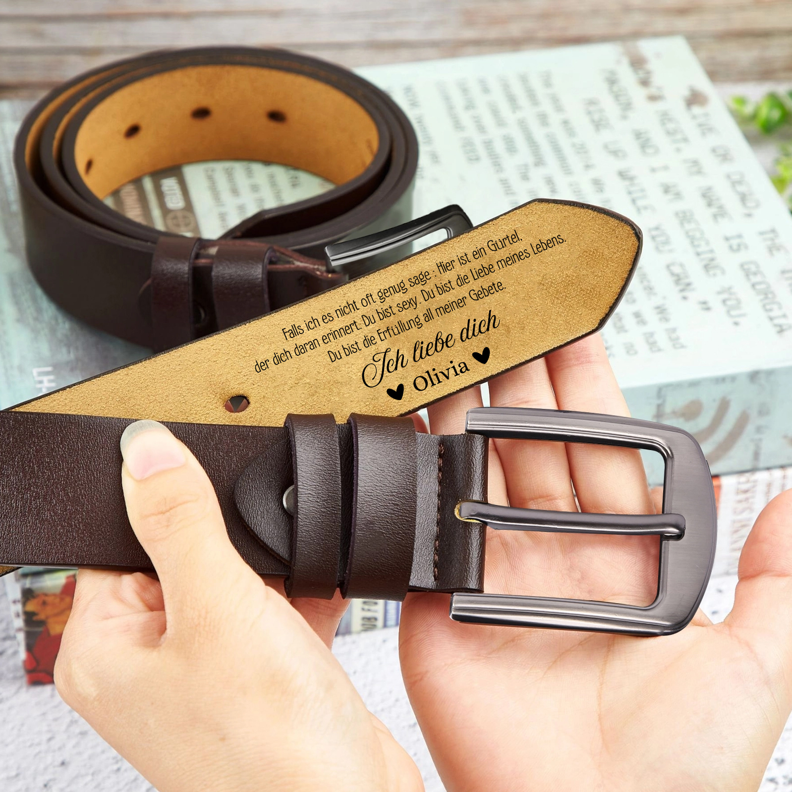 Personalisierter 1 Name Schwarz Braun Herren Ledergürtel - Ich liebe dich - Geschenk für Ehemann/Freund