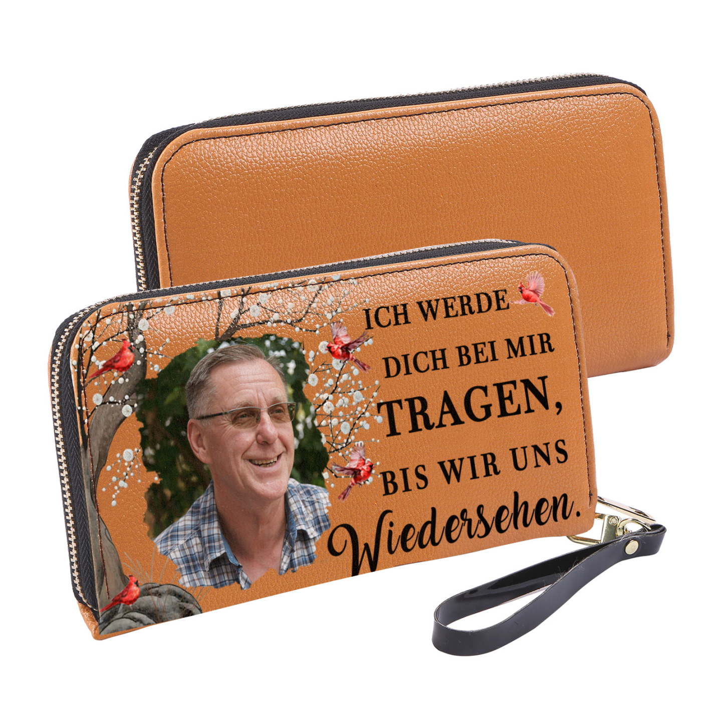 Personalisiertes Foto Rot/ Grau/ Orange PU Leder Geldbörse – Ich werde dich bei mir tragen, bis wir uns wiedersehen – Andenken Geldbeutel