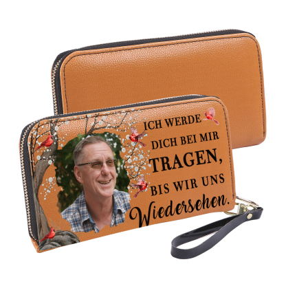 Personalisiertes Foto Rot/ Grau/ Orange PU Leder Geldbörse – Ich werde dich bei mir tragen, bis wir uns wiedersehen – Andenken Geldbeutel