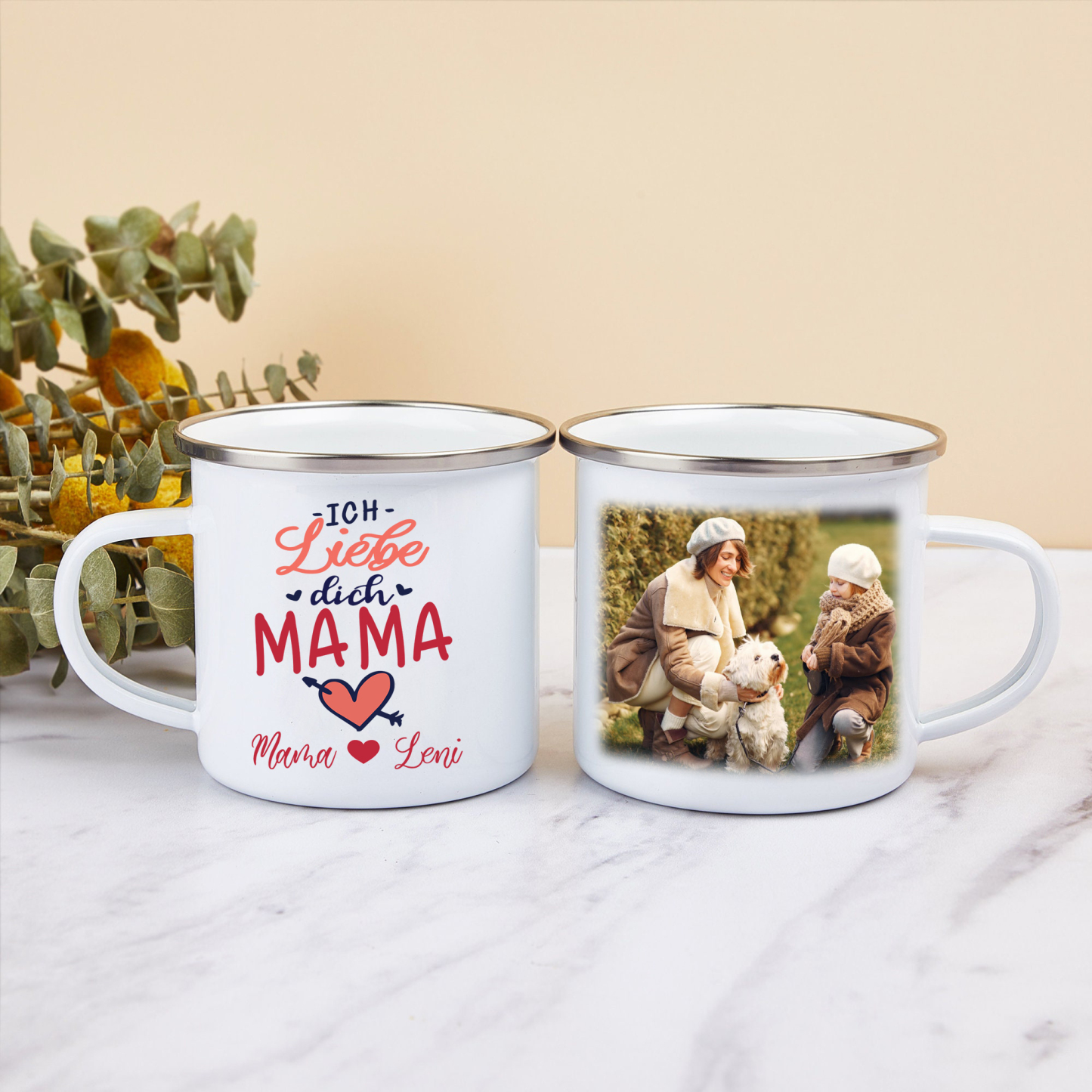 Personalisierbares Foto & 2 Namen Emaille Tasse -Ich liebe dich Mama- Emaille Becher für Mutter