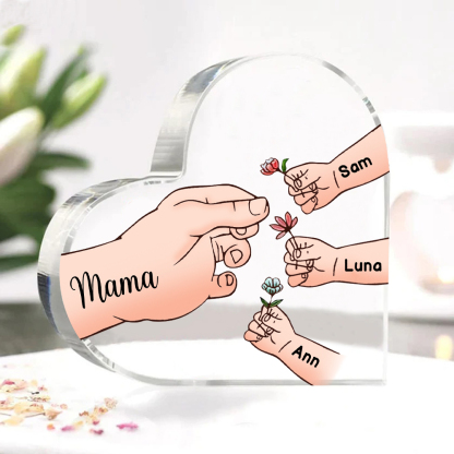 Personalisierte 4 Namen Mama Hand Familie Acryl-Deko Schreibtischdekoration für Mutter