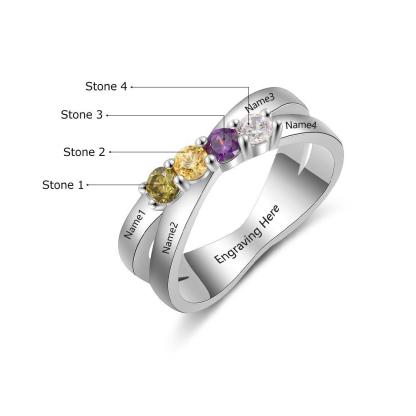 925 Sterling Silber Personalisierter Kreuzring mit 4 Namen und 4 Geburtssteinen