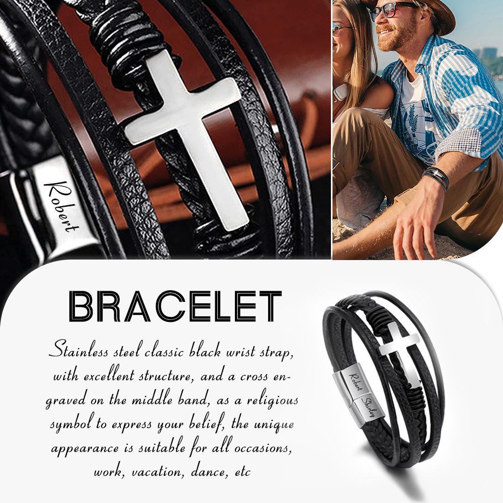 Herren Armband-Personalisiertes 2 Namen Leder Kreuz Kommunion Armband 