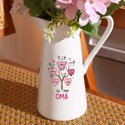 Personalisierte 5 Namen & Datum & Text Herz Familienbaum Gießvase mit Henkel Familie Vase