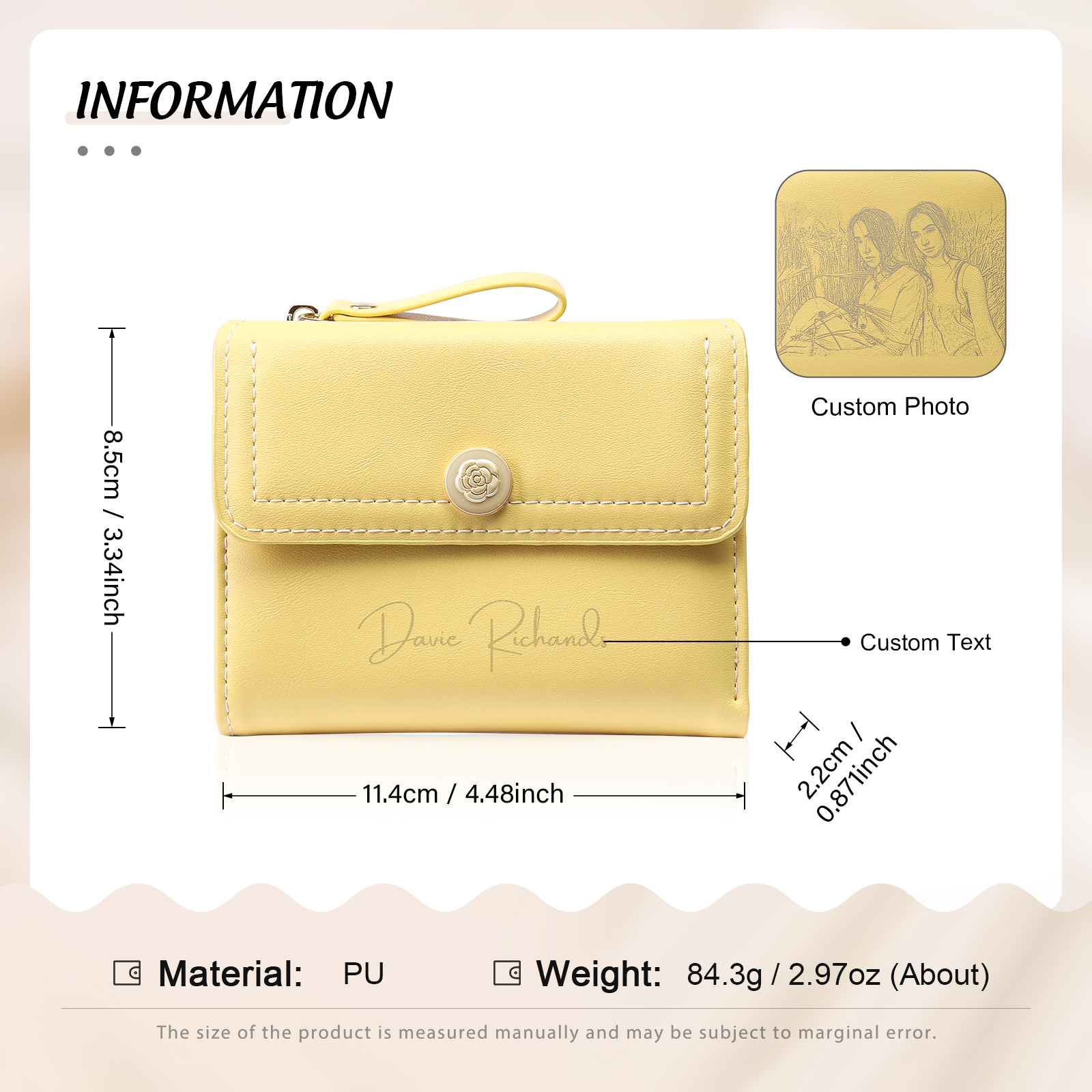 Damen Personalisierter Text & Foto PU Leder Klapp-Portemonnaie Geldbörse mit Reißverschluss