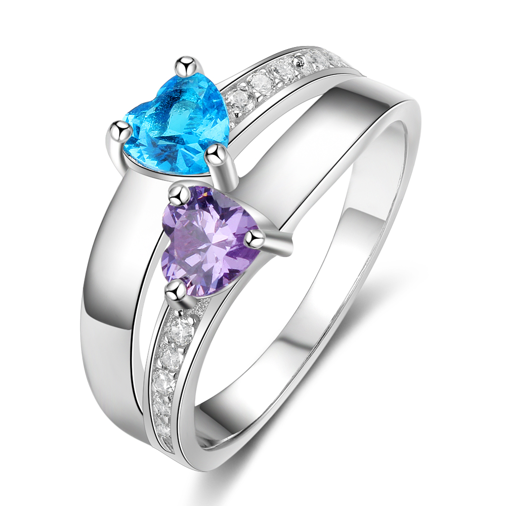 925 Sterling Silber Ring mit 2 Namen und 2 Geburtssteinen mit Gravuren