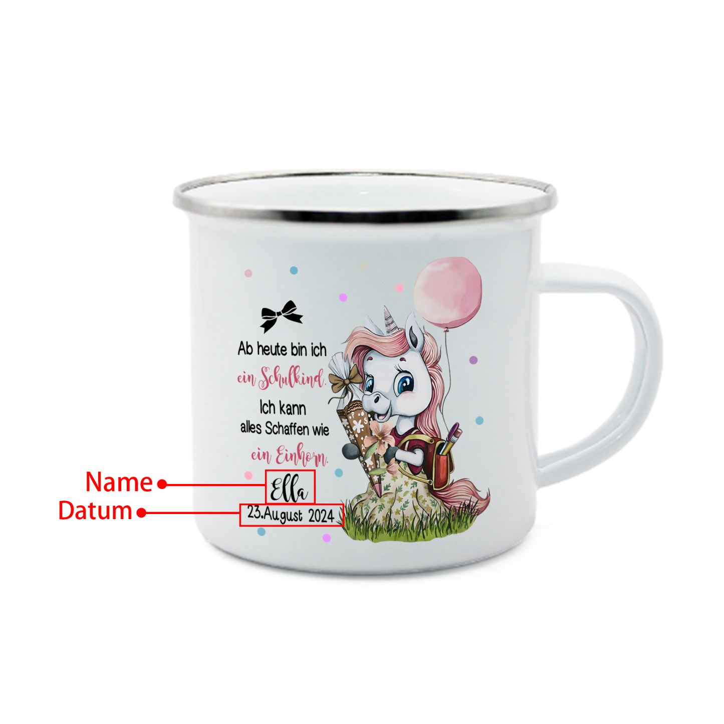 Schulanfang Geschenkset-Personalisierter Name & Datum Einhorn Emaille Tasse & Personalisierter Name Stifteetui & 3 Gummiband Armbänder Set - Geschenk für Schulkind mit Geschenk Box
